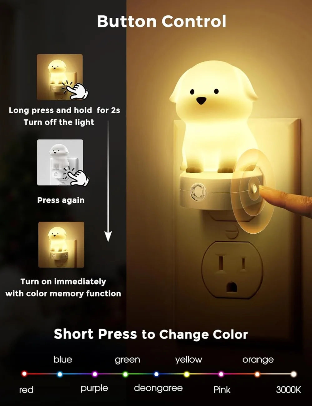 3D Cute Puppy Night Light with Dusk to Dawn Sensor, RGB+Warm White 3000K Plug-in Nightlight for Room Decor, Gift